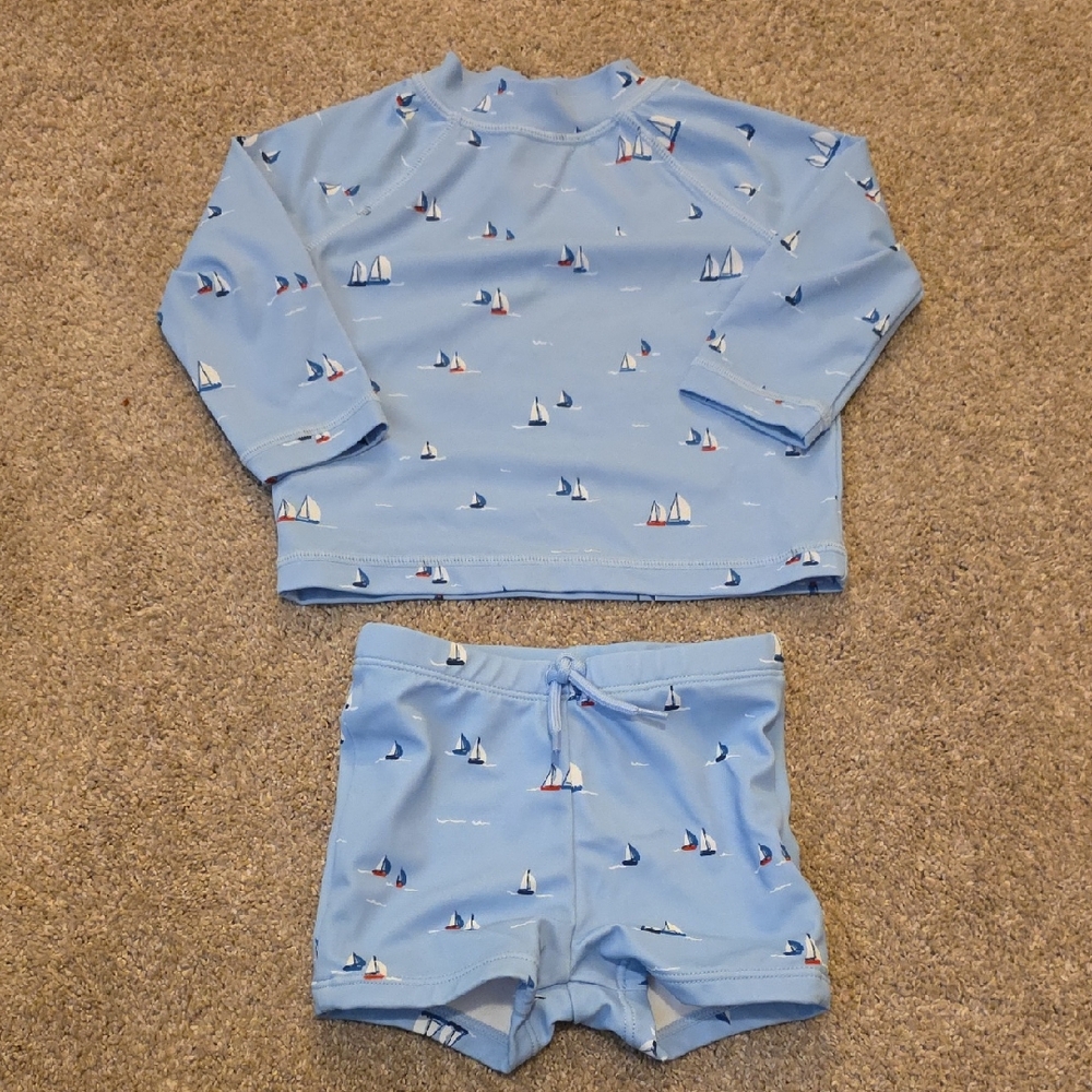 Janie and Jack Light Blue Sailboat Rashguard Set